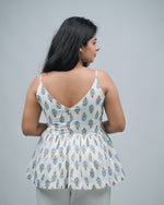 Mughee Paisley printed Peplum V-Neck casual Crop top white.