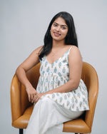 Mughee Paisley printed Peplum V-Neck casual Crop top white.