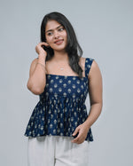 Mughee Floral Printed Peplum Tie Back crop Top Navy Blue