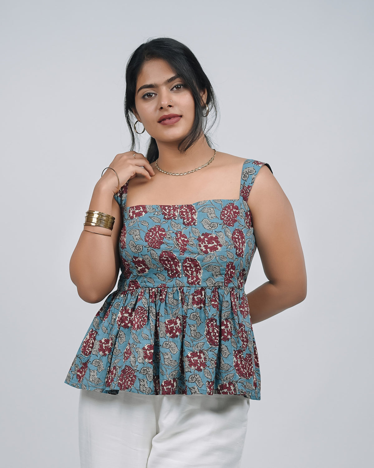Mughee Red Floral Printed Peplum Tie Back Crop Top Light Blue