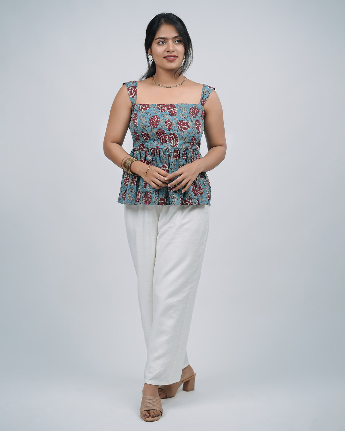 Mughee Red Floral Printed Peplum Tie Back Crop Top Light Blue