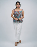 Mughee Red Floral Printed Peplum Tie Back Crop Top Light Blue