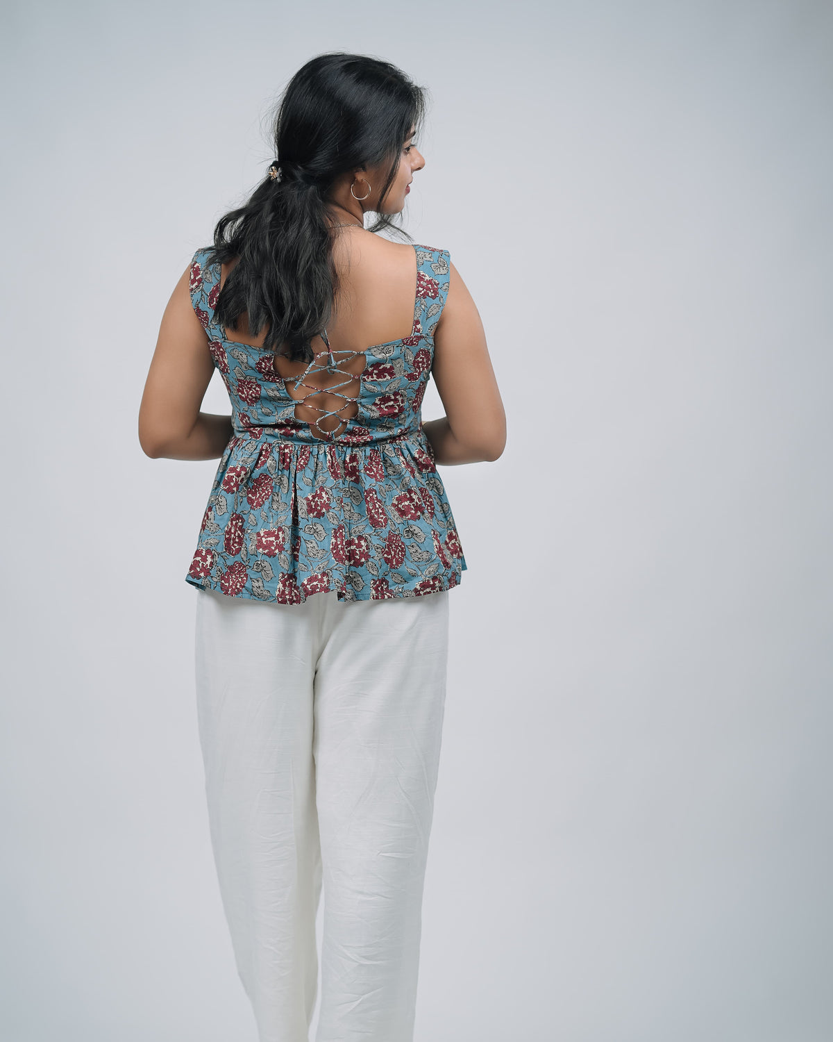Mughee Red Floral Printed Peplum Tie Back Crop Top Light Blue