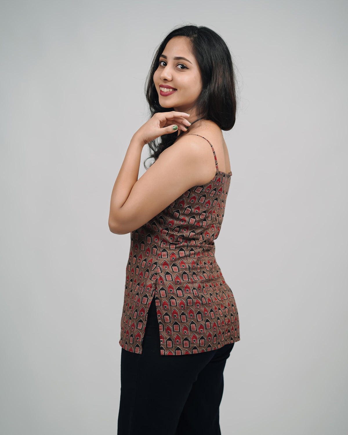 Mughee Geometric Print Square Neck Spaghetti Strap Top