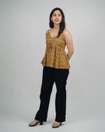 Mughee Floral Printed Peplum V-Neck Casual Crop Top Mustard