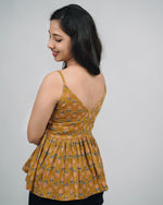 Mughee Floral Printed Peplum V-Neck Casual Crop Top Mustard