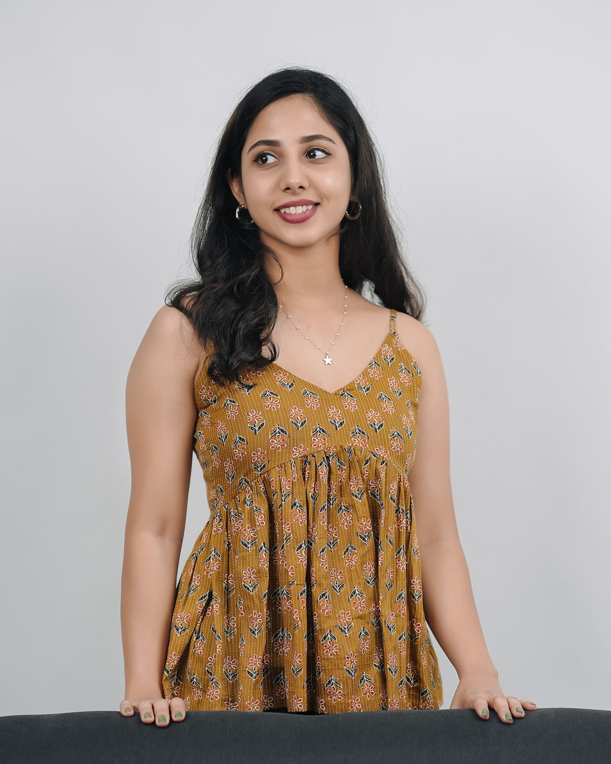 Mughee Floral Printed Peplum V-Neck Casual Crop Top Mustard