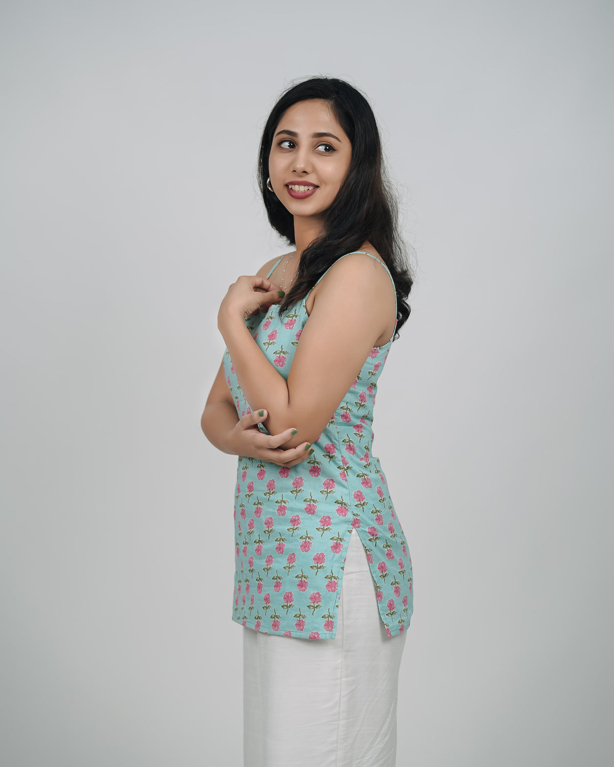 Mughee Floral Print Square Neck Spaghetti Strap Mint Green