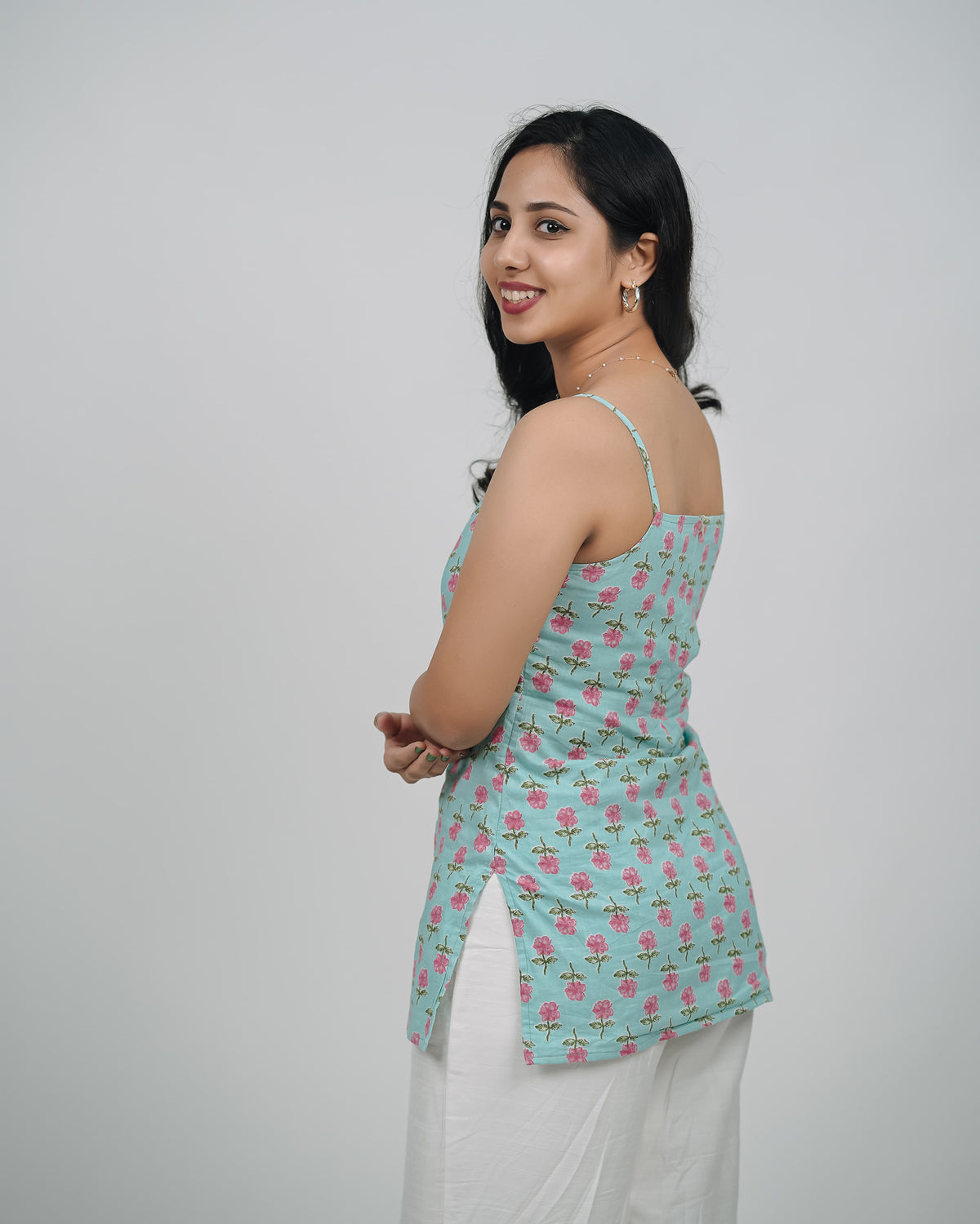 Mughee Floral Print Square Neck Spaghetti Strap Mint Green