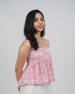 Mughee Leaf Printed Peplum Tie Back Crop Top Pink