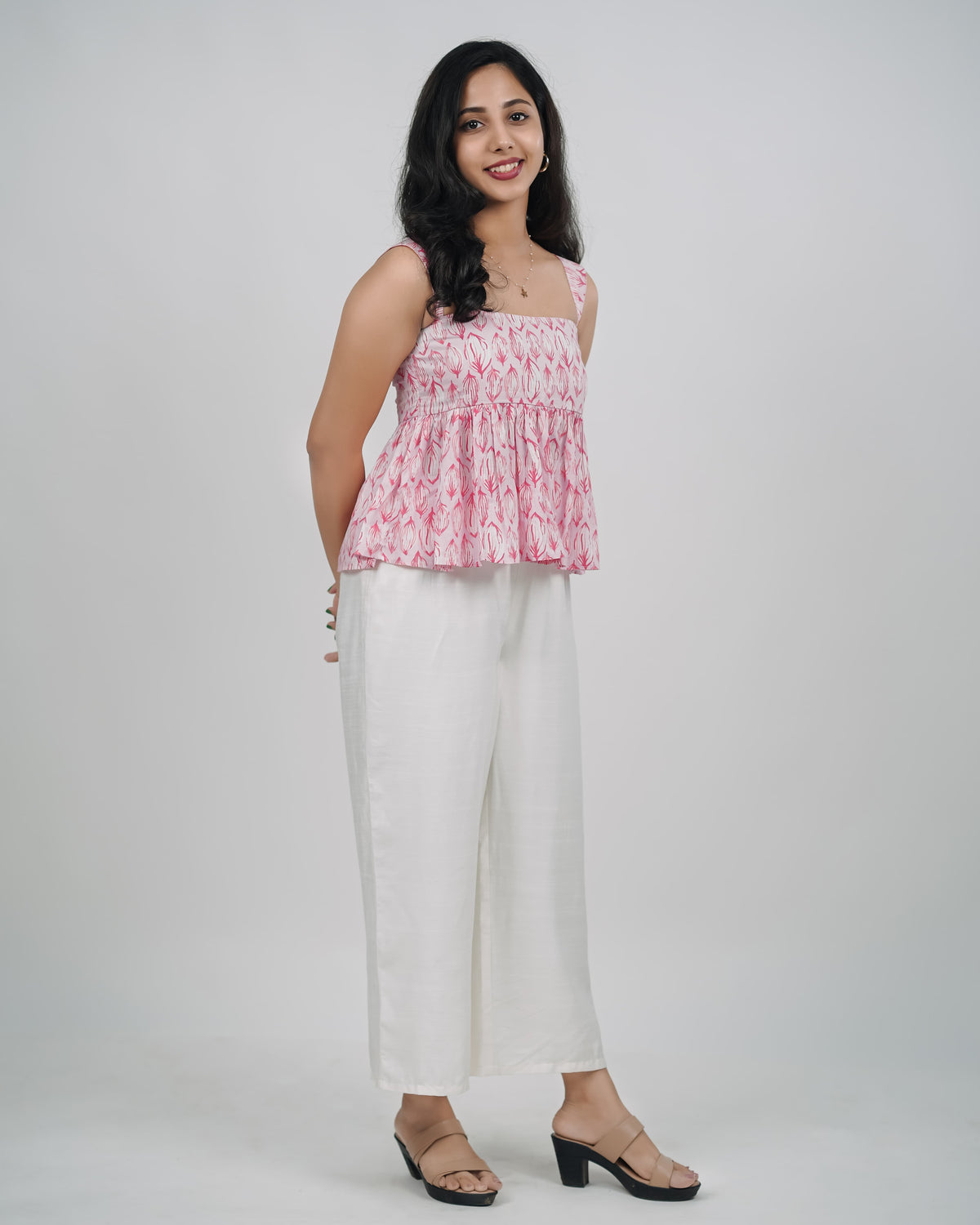 Mughee Leaf Printed Peplum Tie Back Crop Top Pink