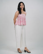 Mughee Leaf Printed Peplum Tie Back Crop Top Pink