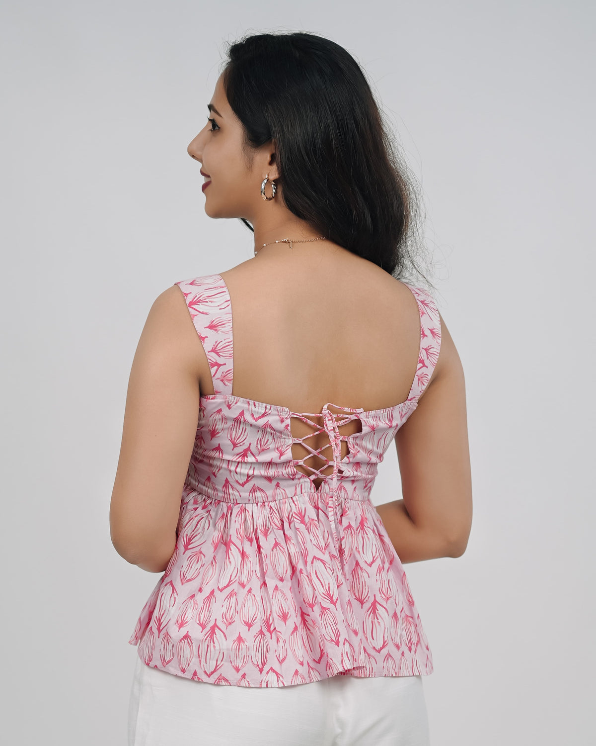 Mughee Leaf Printed Peplum Tie Back Crop Top Pink