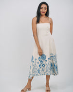 Mughee Blue Floral Square Neck Spaghetti Strap Midi Dress Off-White