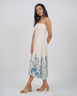 Mughee Blue Floral Square Neck Spaghetti Strap Midi Dress Off-White