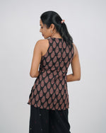 Mughee Leaf Motif Printed V-Neck Casual Top Black