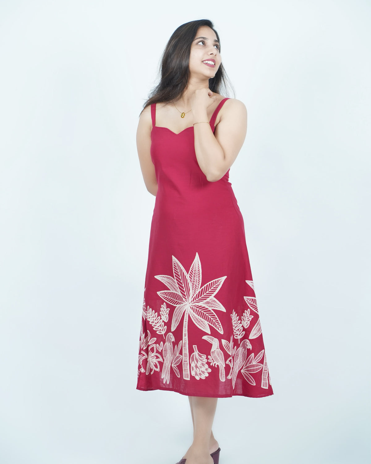 Tropical Bloom A-Line Midi Dress Red