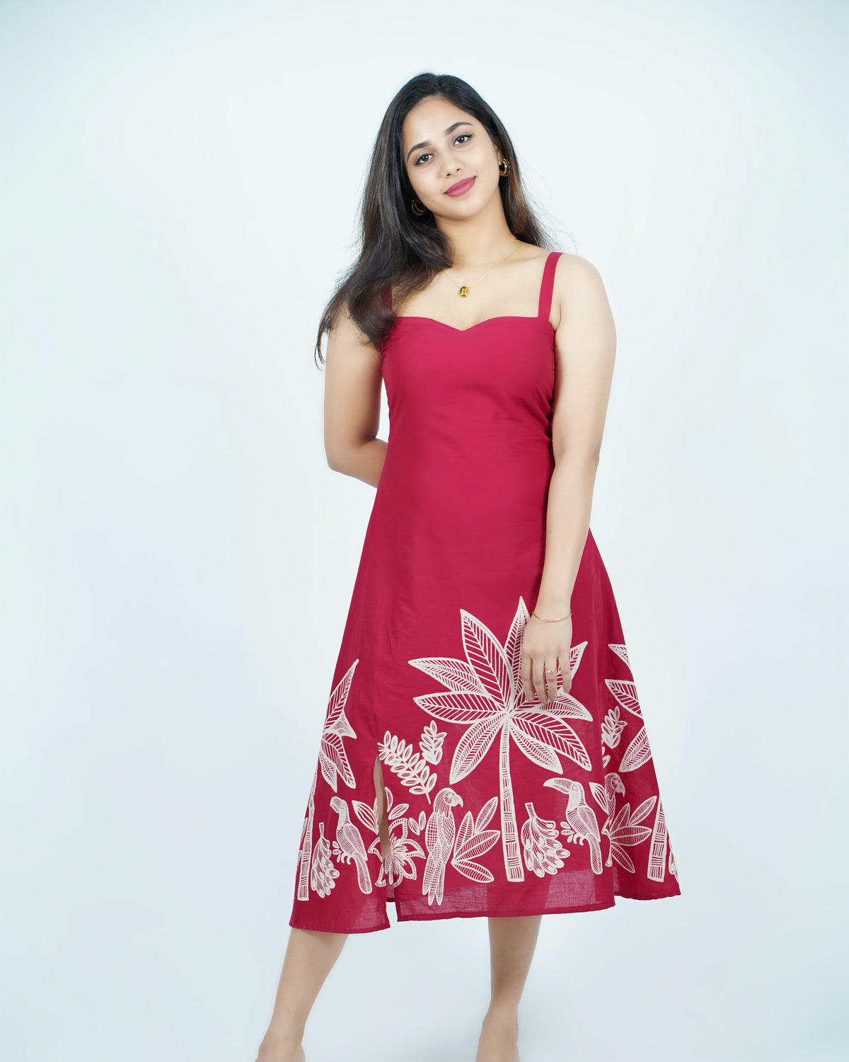 Tropical Bloom A-Line Midi Dress Red