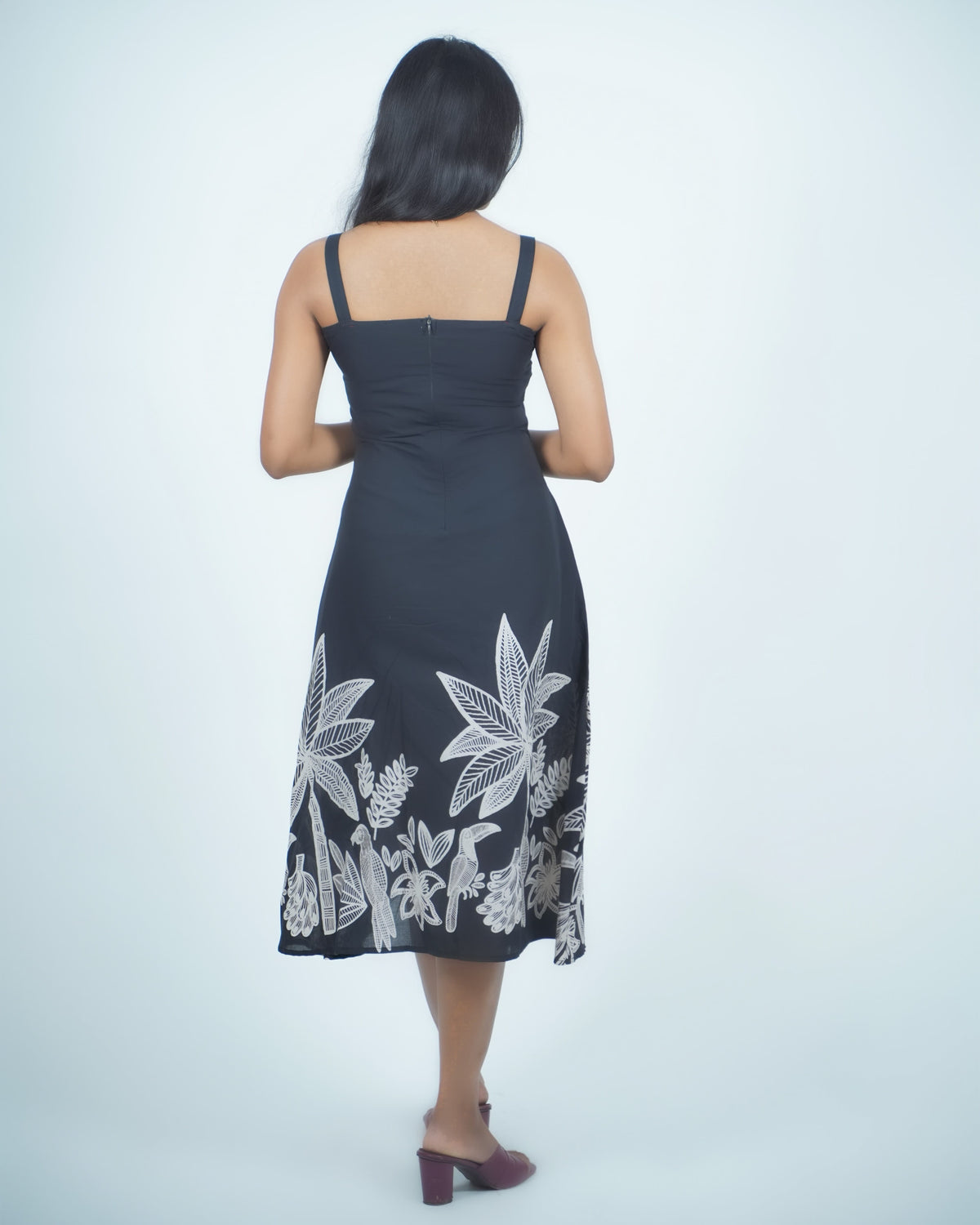 Tropical Bloom A-Line Midi Dress Black