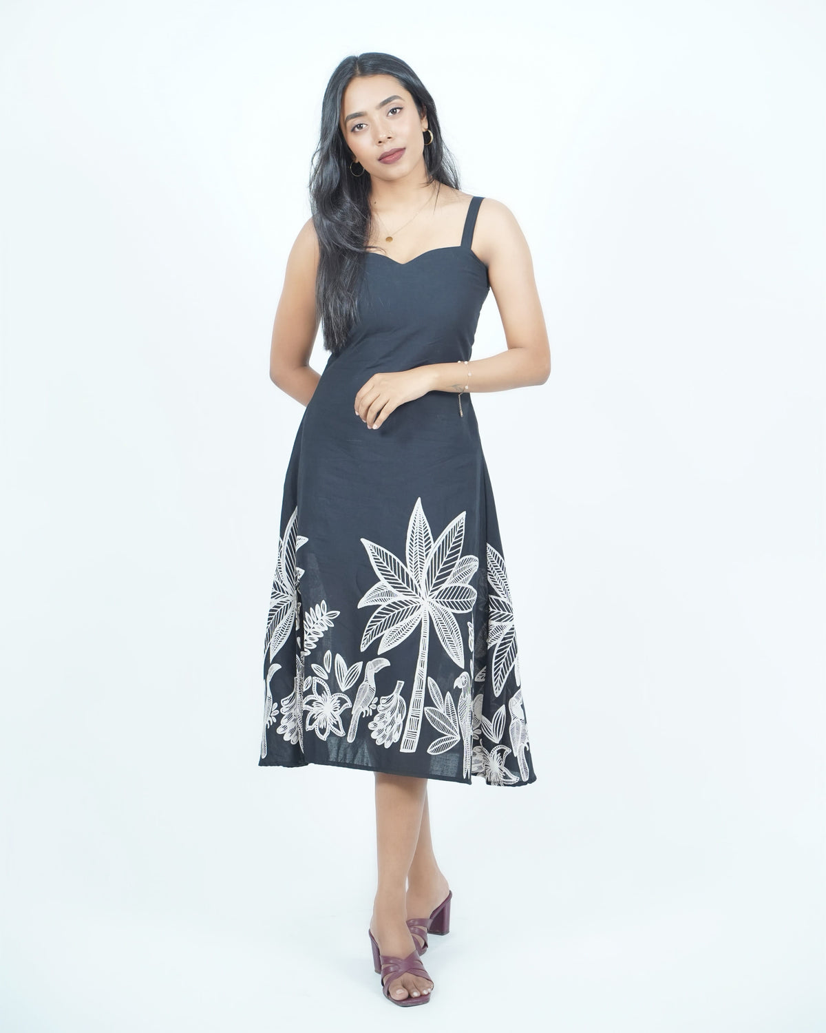 Tropical Bloom A-Line Midi Dress Black